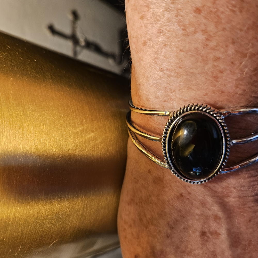 Silver Cuff Bracelet with Black Stone